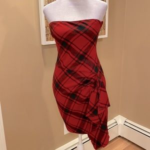NWT. Rugby Ralph Lauren.  Red & Black Plaid Strapless Wool Dress.